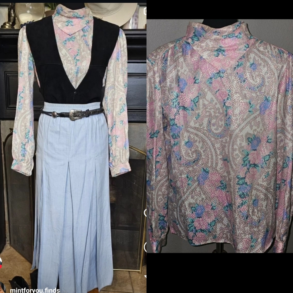 Vintage Paisley print hankerchief neck blouse large